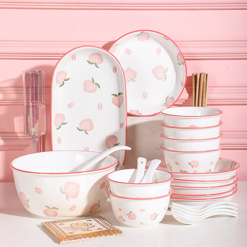 Internet-Famous Peach Bowl and Plate Set, Japanese-Style Household Ceramic Tableware, Bowl and Plate, Noodle Bowl, Soup Bowl, Couple Bowl and Chopsticks Set