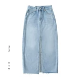 Джинсовая юбка, длинная юбка для отдыха, европейский стиль, высокая талия, с акцентом на бедрах, средней длины