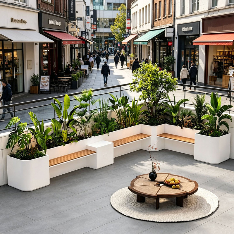 Outdoor Flower Box and Seat Combination Set for Rooftop Terrace and Courtyard, Leisure Long Bench with Stainless Steel Flower Planter