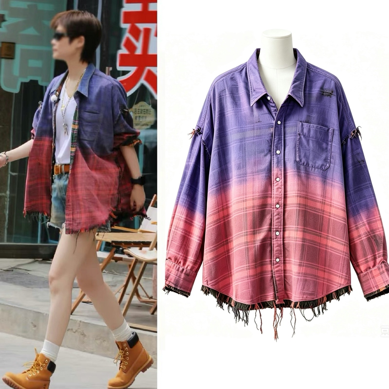 Xiangye's Style, Li Yuchun's Same Style, American Retro Gradient Plaid Shirt for Women, Loose Long-Sleeved Shirt Jacket Xiangye's Style, Li Yuchun's Same Style, American Retro Gradient Plaid Shirt for Women, Loose Long-Sleeved Shirt Jacket