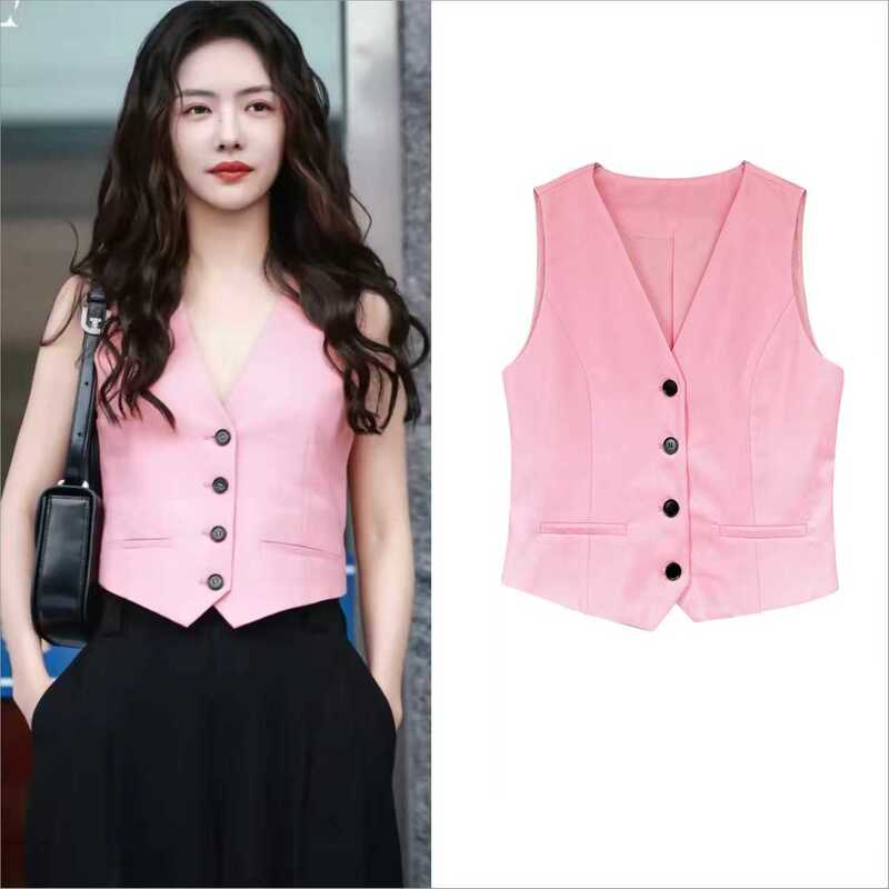 Pink Sleeveless Vest for Women, Same Style as Cai Wenjing, 2026 New Model, High-End and Elegant Short Top