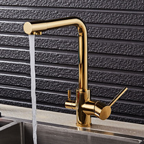 Golden kitchen faucet three-in-one direct drinking pure water hot and cold faucet dual-purpose all copper titanium European rotatable