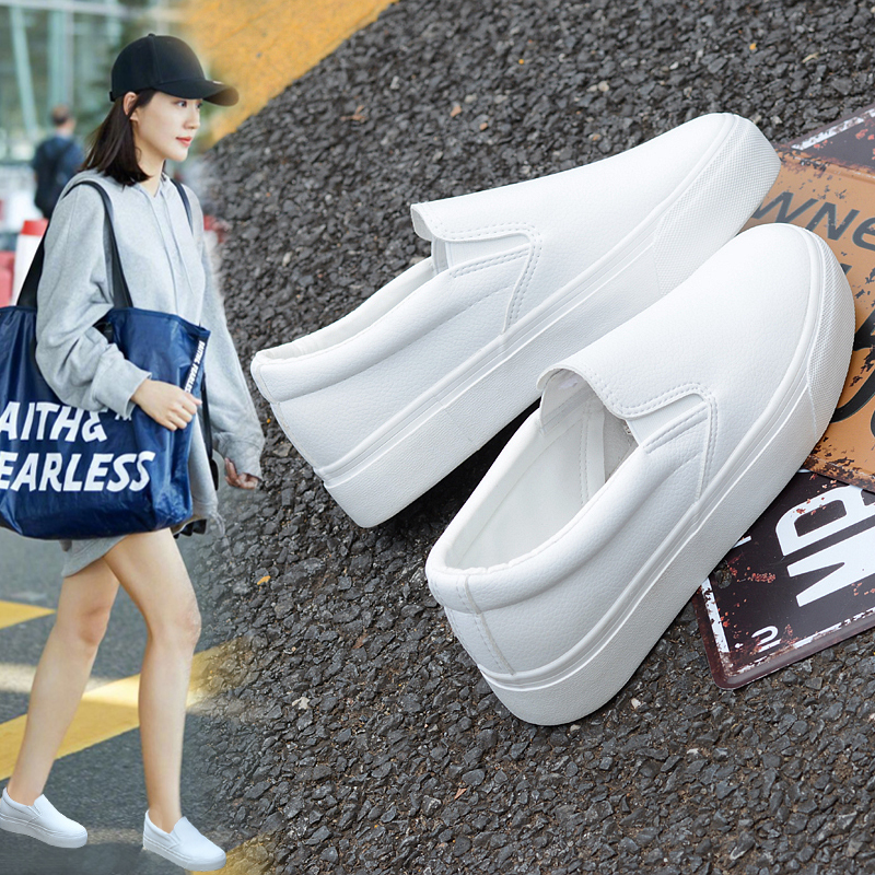 Summer and Autumn Breathable Leather Thick-Soled Versatile Women's Loafers Slip-On Lazy Shoes Women's White Shoes Slip-On Casual Sneakers