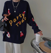 Letter jacquard mid-length cashmere sweater womens European station 2022 autumn and winter Korean style foreign style round neck wool pullover top