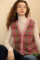 RAYNA-G Reina Chronicle pink Nehama clip foreign air trendy plaid printed big V collar knit vest woman