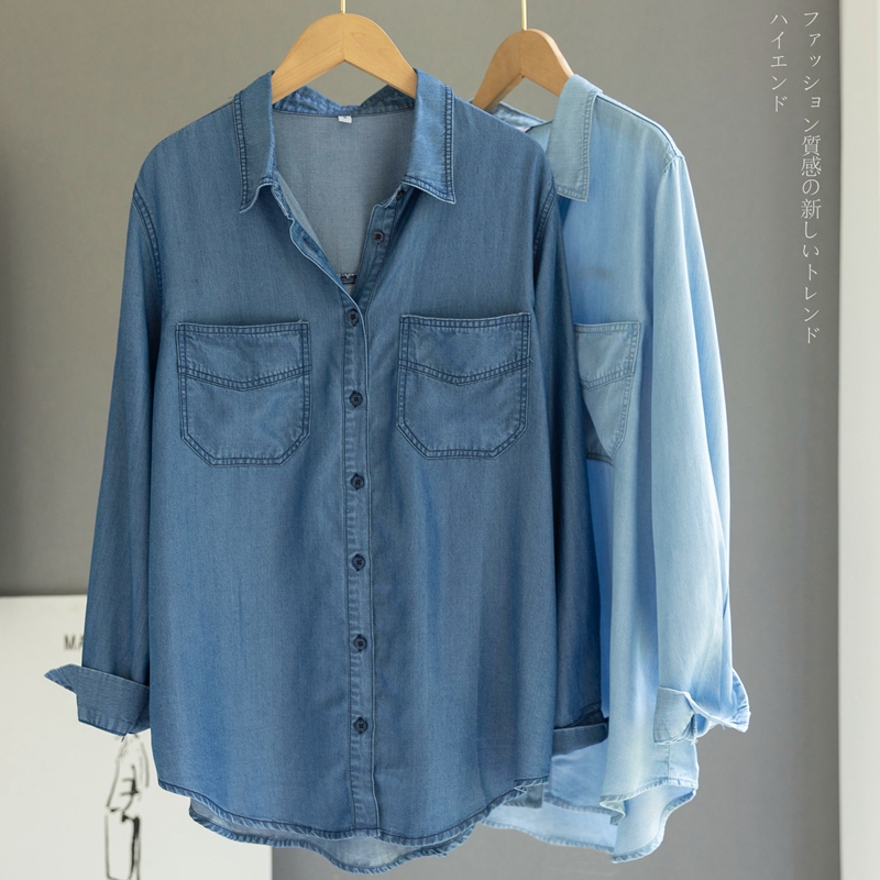 外国貿易輸出高級ウォッシュデニムシャツ、女性用、ニッチなデザイン、ゆったりとした万能なレイヤードシャツ、ドレープボトム