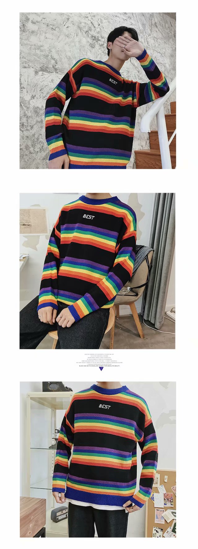 Hàn Quốc retro màu áo len cổ tròn cầu vồng sọc áo len Influx nam và nữ cặp vợ chồng ins lỏng ngọn áo thun polo nam