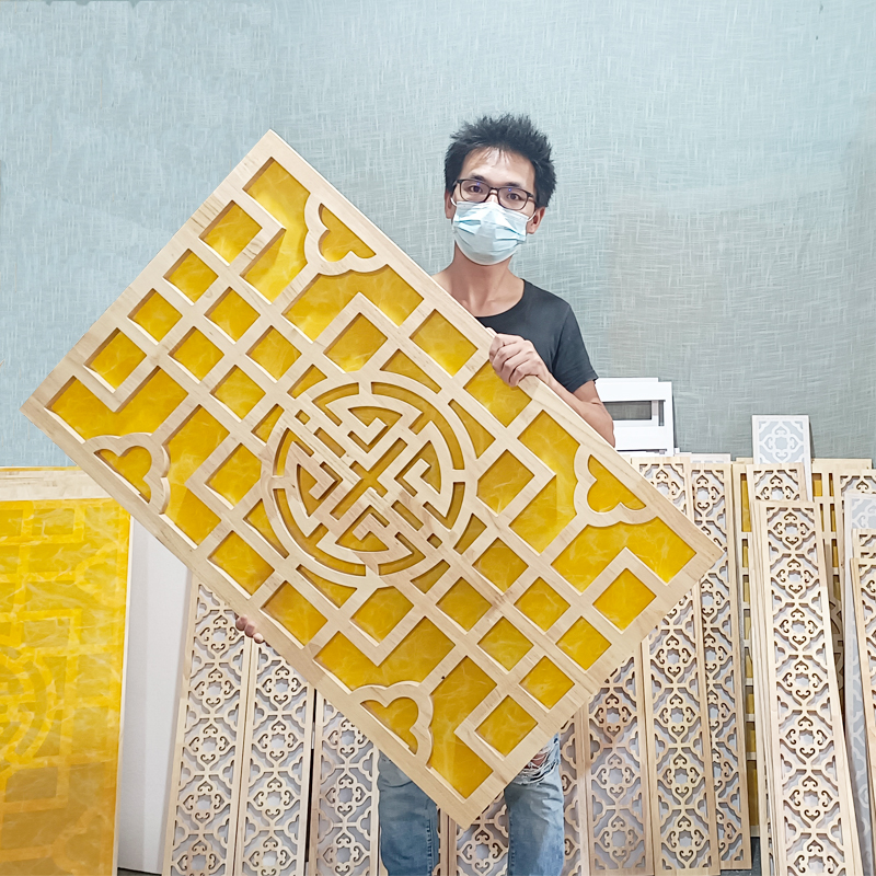 Solid wood lattice hollow carving new Chinese style screen partition modern living room through flower porch background wall ceiling decoration
