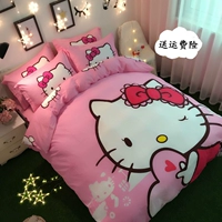 Công chúa HelloKitty bông denim bông phim hoạt hình bộ đồ giường Hello Kitty kt ký túc xá khăn trải giường Mikasa - Bộ đồ giường bốn mảnh chăn ga đẹp