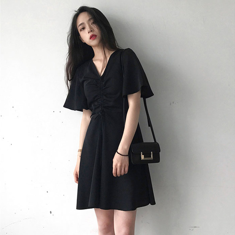 Sandro Vicari Black Ocean dress Women 2020 Summer new fashion Temperament Big Size V Collar Skirt