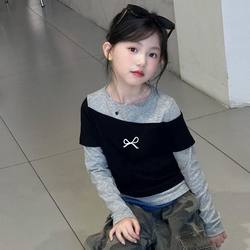Girls' Fake Two-Piece Tops, Spring and Autumn 2025 New Style, Long-Sleeved T-Shirts for Older Children, Stylish Children's Winter Base Layer Shirts