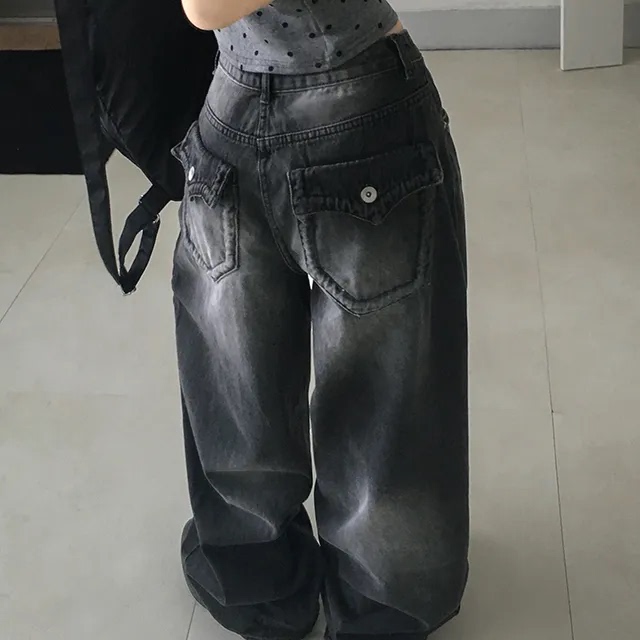 Summer Notes: American Retro Pocket Washed Denim Pants, Loose Slimming Versatile Straight Wide-Leg Pants Summer Notes: American Retro Pocket Washed Denim Pants, Loose Slimming Versatile Straight Wide-Leg Pants