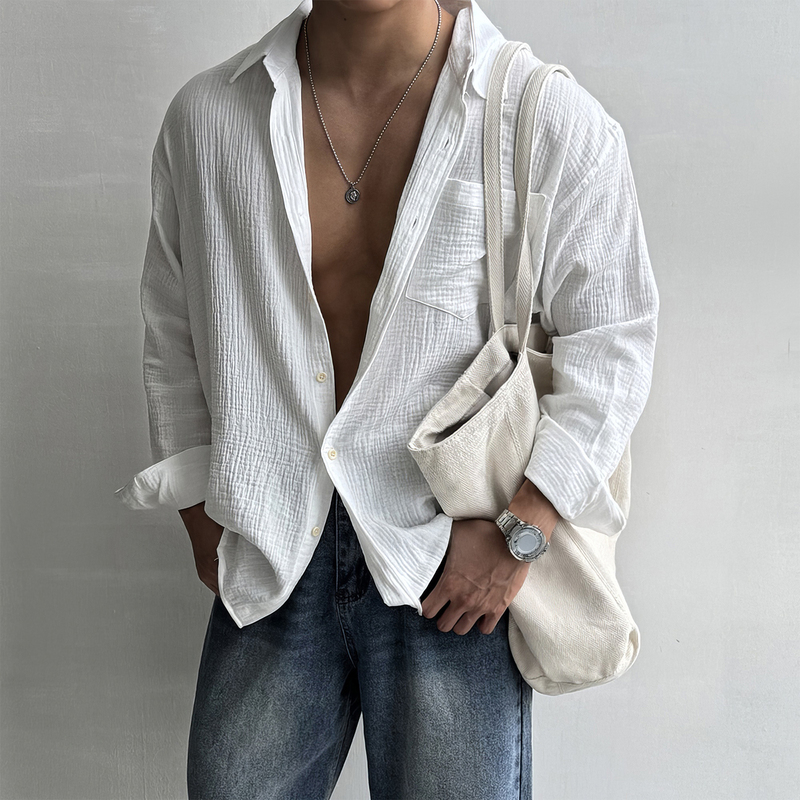 798 Design White Linen Long-Sleeved Shirt for Men in Autum, Light, Breathable, Loose, High-End Sun Protection Shirt