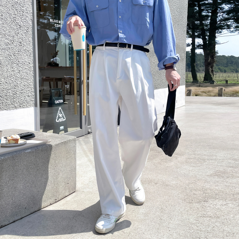 White Double-Pleated Casual Pants for Men, New Summer Japanese Style Loose High-Street Straight-Leg Pants, Versatile Niche Wide-Leg Pants