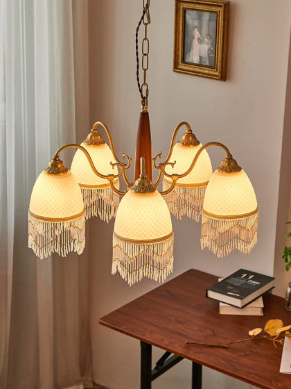 American Retro Living Room Chandelier, Country-Style Walnut Mesh Glass Tassel Lamp, Vintage All-Copper Dining Room Bedroom Chandelier