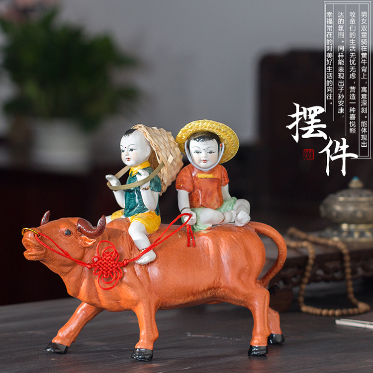 Jingdezhen Ceramic Shepherd Boy Riding a Yellow Cow Handicraft Living Room Home Decoration Feng Shui Wealth-Attracting House Decoration Harvest