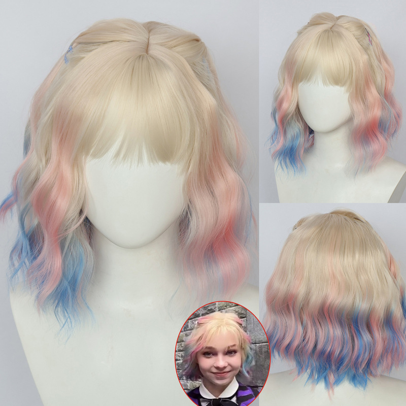 European and American Movie Wednesday Cosplay Wig Little Wolf Girl 2 Ineed Sinclair Colorful Bob Short Curly Hair Set