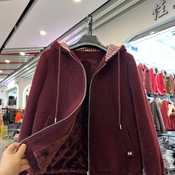 妈妈装秋冬新款连帽加绒加厚仿水貂绒毛呢外套中老年宽松夹克大衣