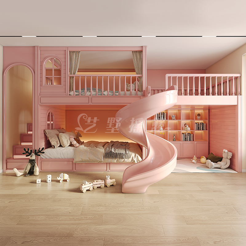 Luxurious Castle Princess Bed with Rotating Slide, Dreamy Bunk Bed with Upper and Lower Bunks, Duplex Design with Upper Bunk and Lower Cabinet