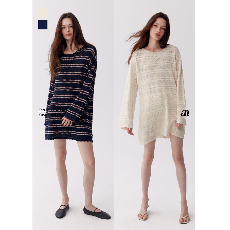 Madeinam Quality Comfortable Cotton_Vacation Coarse-Knit Striped Hollow-Out Bell-Sleeve Dress with Matching Shorts