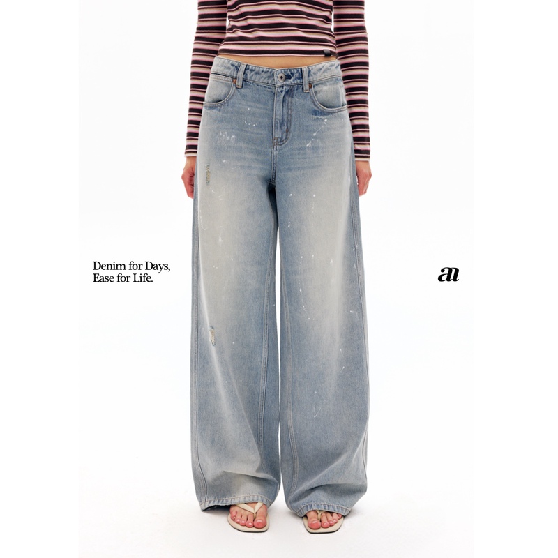 Madeinam【St19 Artistic Dirty Pants】Pure Cotton Twill Denim Light Blue Ink Splatter White Dot Loose Straight Pants Madeinam【St19 Artistic Dirty Pants】Pure Cotton Twill Denim Light Blue Ink Splatter White Dot Loose Straight Pants