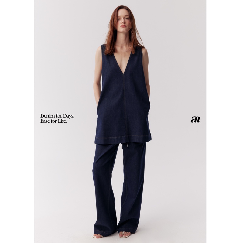 Madeinan Silk-Blend Denim_Estate Cool Summer Blues V-Neck Sleeveless Dress/Relaxed-Fit Jeans