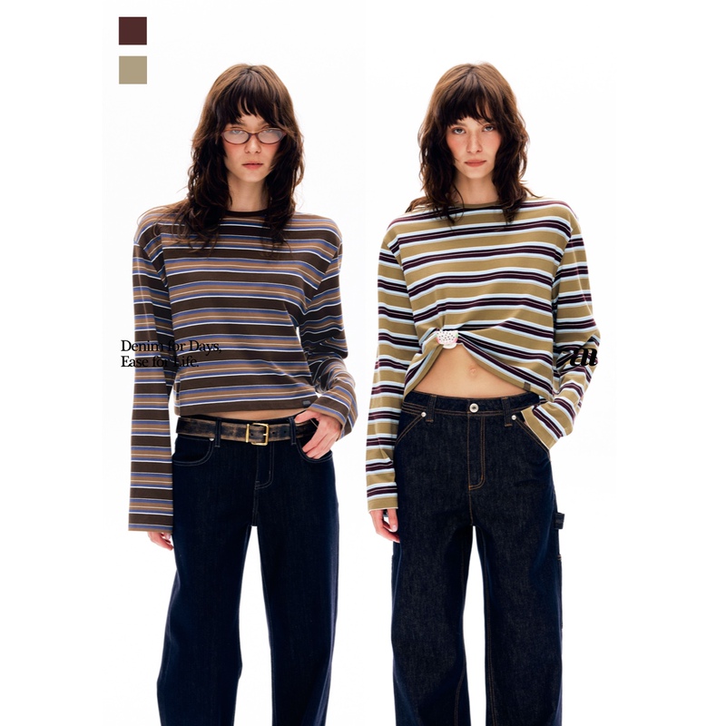 Madeinam Striped Polyester-Cotton Blend_ Lazy Retro Multi-Color Contrast Stripes Slightly Dropped Shoulder Short Long-Sleeved T-Shirt Madeinam Striped Polyester-Cotton Blend_ Lazy Retro Multi-Color Contrast Stripes Slightly Dropped Shoulder Short Long-Sleeved T-Shirt