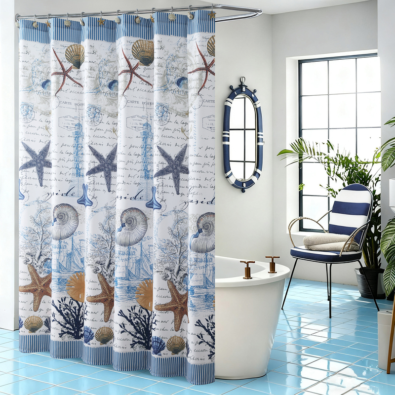 2026 Season European-Style Fresh Ocean Soft Brushed Fabric Waterproof Shower Curtain for Bathroom Mediterranean Thickened Dry and Wet Separation