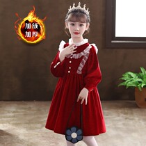 Girls dress Dress Winter Style Plus Suede Thickened Velvet Skirt Princess Nepotism Girl Red Dress 2022 New Year Dress