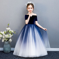 Girl Evening Gown Student Competition Piano Performance Playing Host Little Girl Blue Summer Children Princess Dress