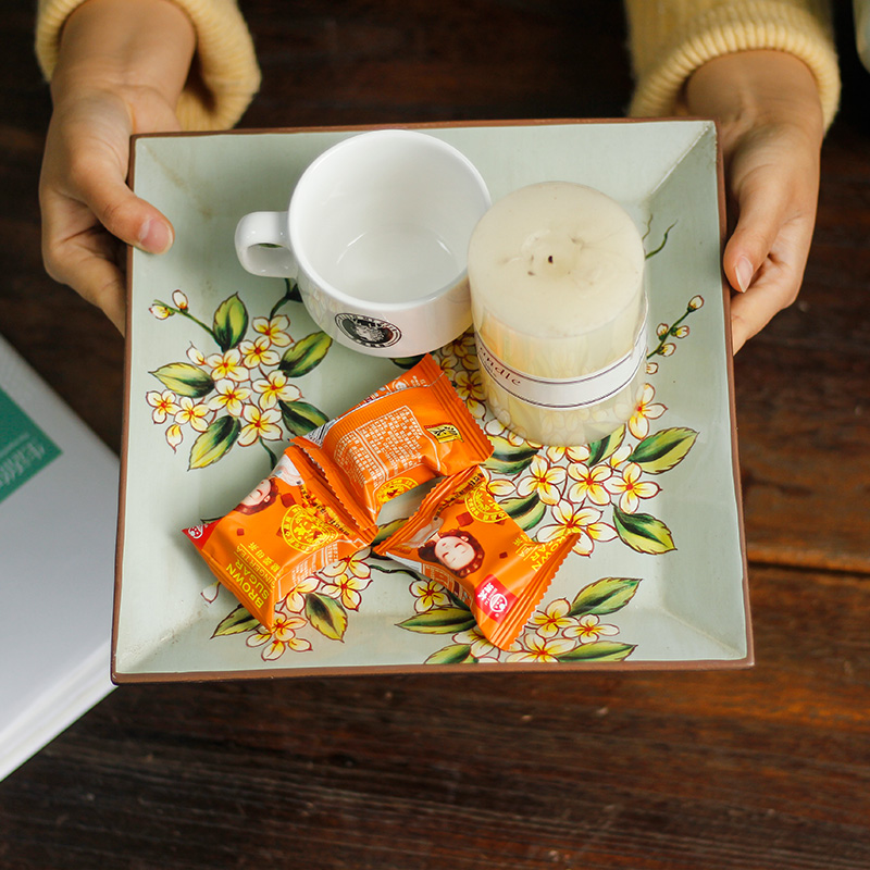 New Chinese ceramic decorative sitting plate Household square pendulum plate Living room TV cabinet decorative plate handicraft ornament