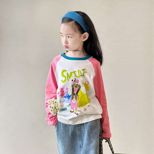 ເດັກຍິງແຂນຍາວ T-shirt bottoming shirt 2024 new spring dress little girl raglan sleeve baby spring and autumn pure cotton style