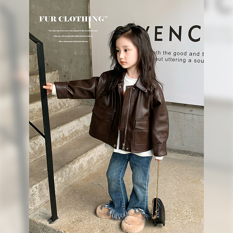 Girl jacket Spring and autumn section 2023 new autumn clothes baby French style retro wind leather little girl leather jacket blouses-Taobao