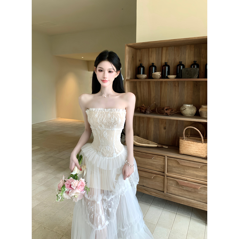 Dust Dun Dun French-Style Halter Neck Dress for Women 2026 Early Spring New Lace Chiffon Long Dress Strapless Dress