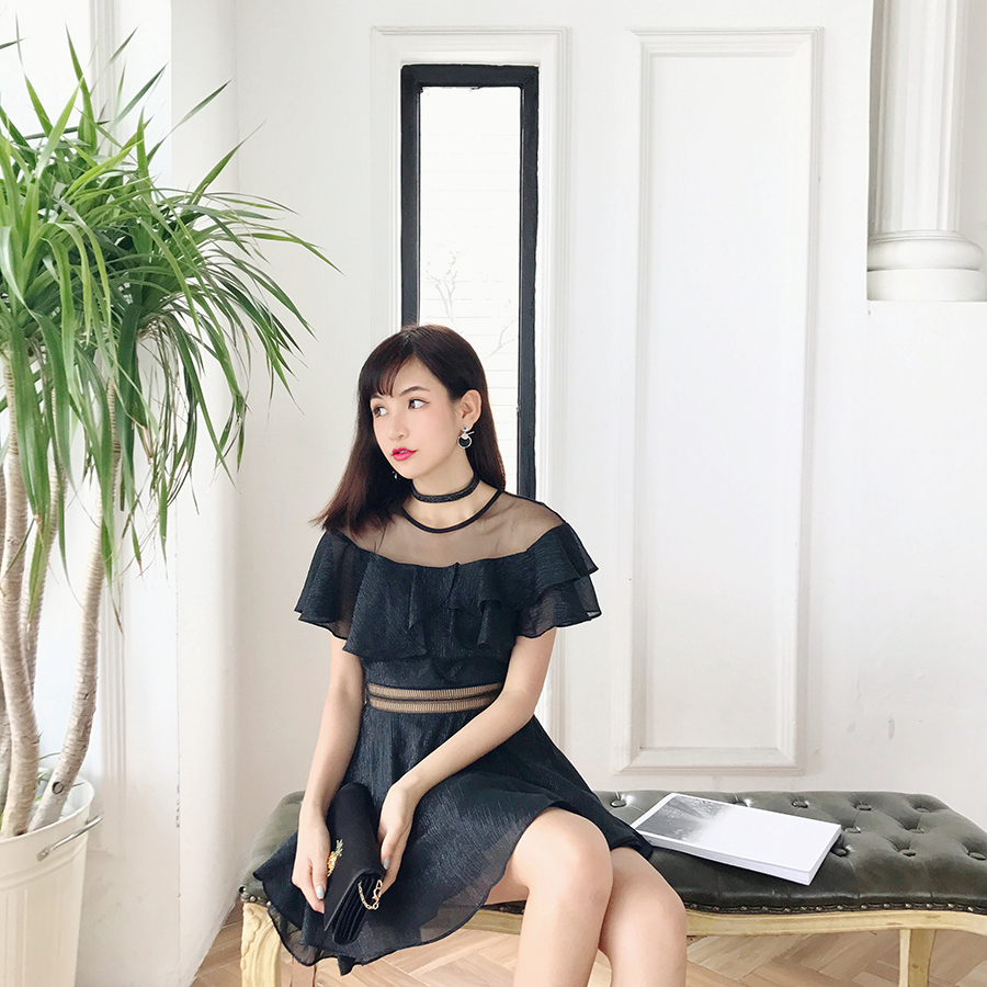 周小熊BEARUN 夏季新款仙女银线薄纱荷叶边腰部拼接蕾丝网纱连衣