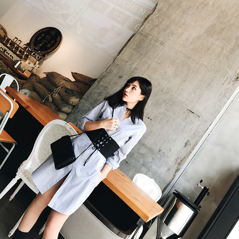 周小熊BEARUN 条纹衬衫女秋季中长款韩范宽松外穿学生休闲衬衫裙