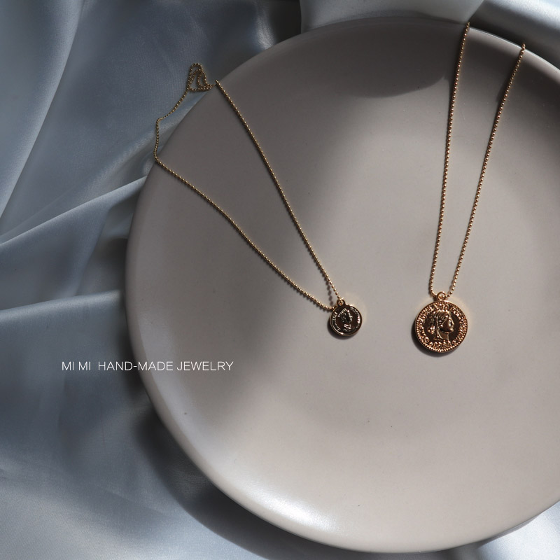 Retro European and American imported 14K note Gold round card coin necklace does not fade ball chain gold coin Queen choker