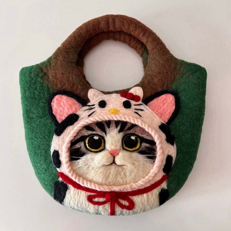 Mangsheng Nepal Imported Designer Handmade Kitty Cow Head Cover Tabby Cat Wool Felt Handbag Mangsheng Nepal Imported Designer Handmade Kitty Cow Head Cover Tabby Cat Wool Felt Handbag
