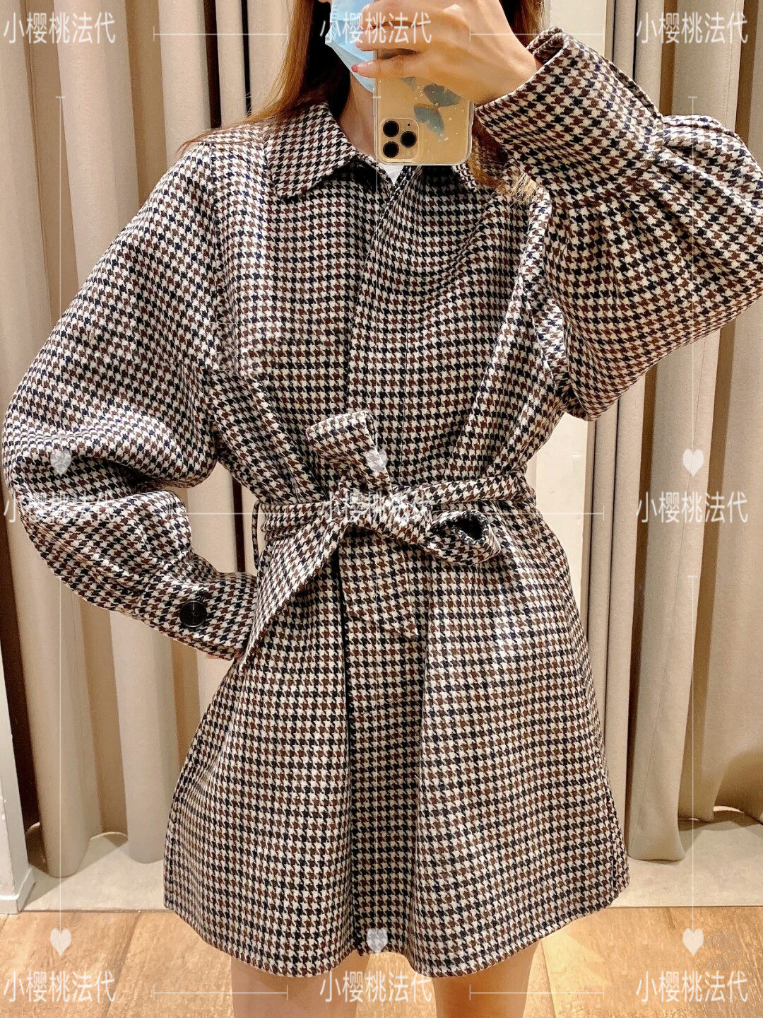 maje2020 autumn and winter retro gig hair folly with loose-collar waist belt loose coat MFPOU00481