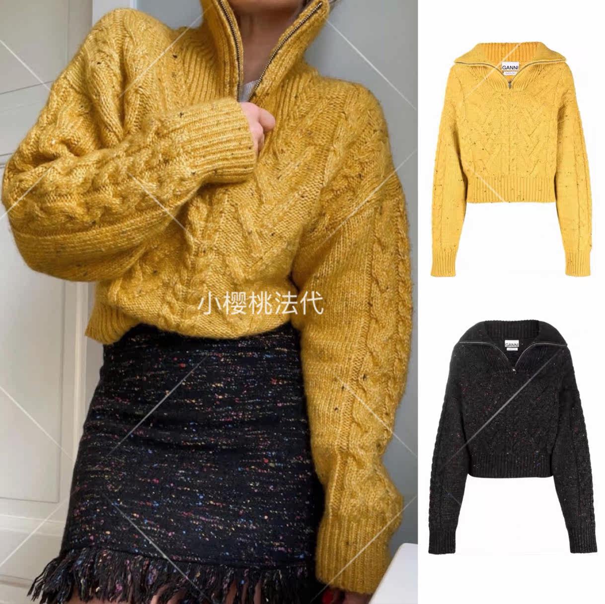 Cherry Ganni 21 autumn and winter new zipper turtleneck thick cable pullover knitted sweater top women