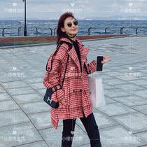 maje small man woolen coat female 2020 new red thousand bird grid cloth vintage foreign style