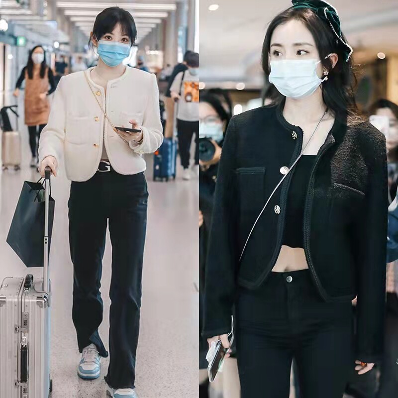 Cherry maje autumn and winter Yang Mi Xu Lu the same black tweed small fragrant wind short woolen coat top