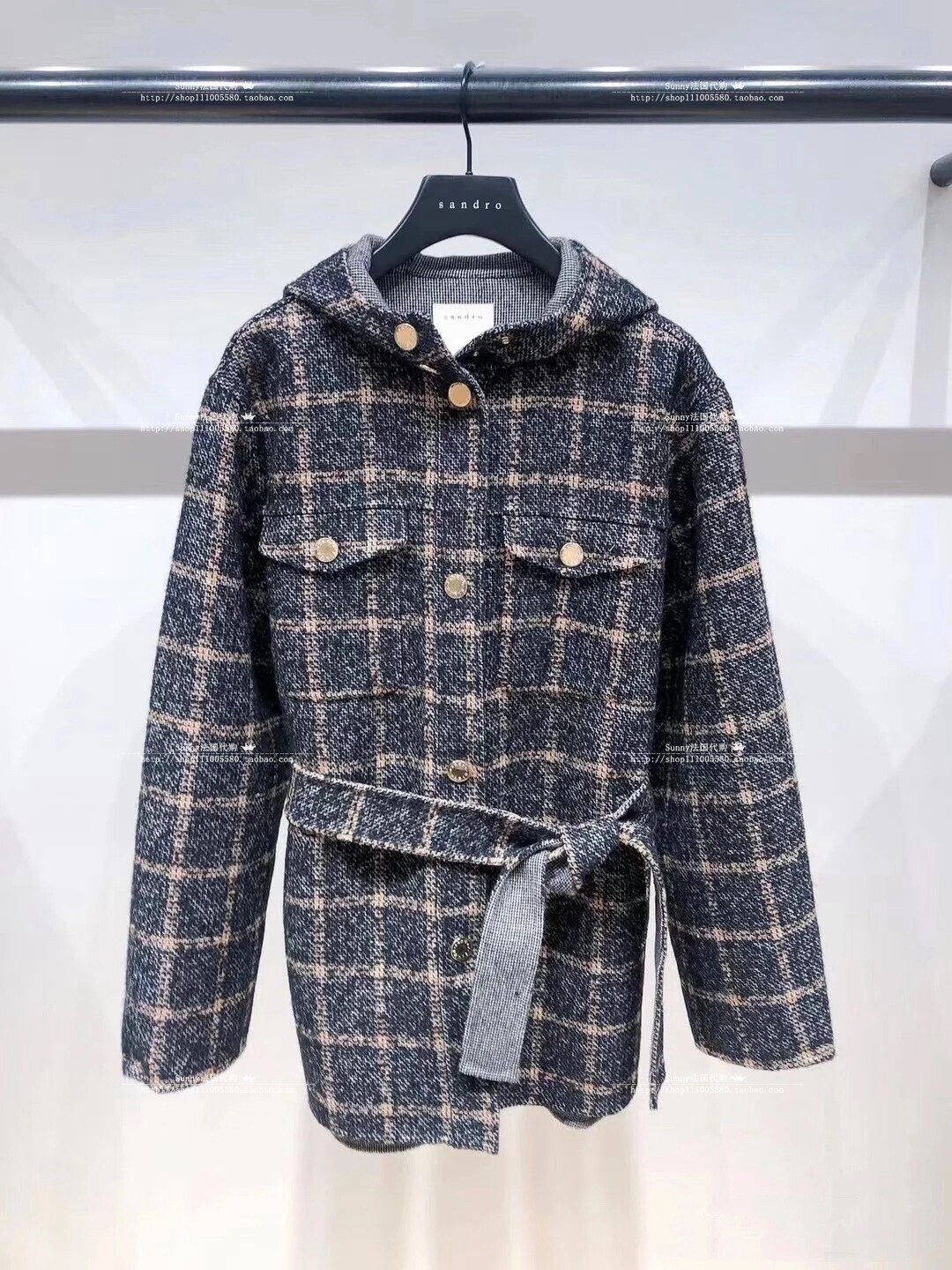 Cherry French sandro21 autumn and winter plaid belt mid-length hooded jacket SFPou00394