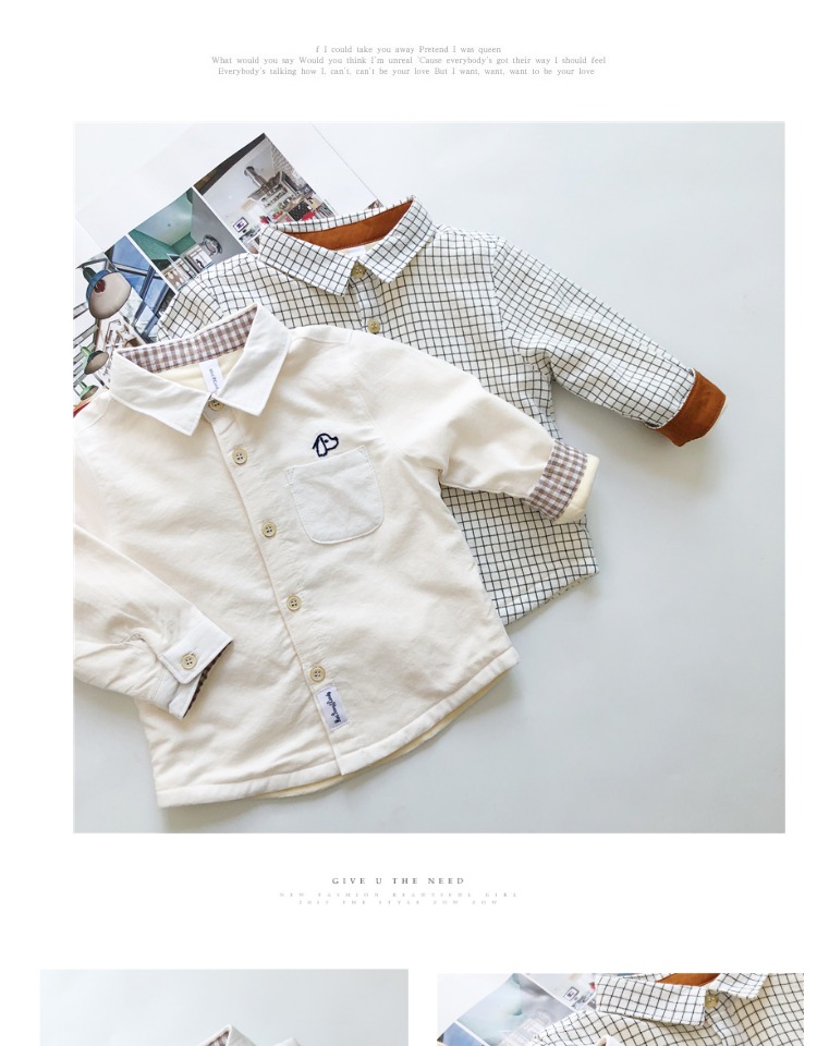Chàng trai KAIKIDS mùa đông mới cộng với áo nhung dày hoang dã Anh đại học chạm đáy áo sơ mi trắng tinh khôi đồ trẻ em