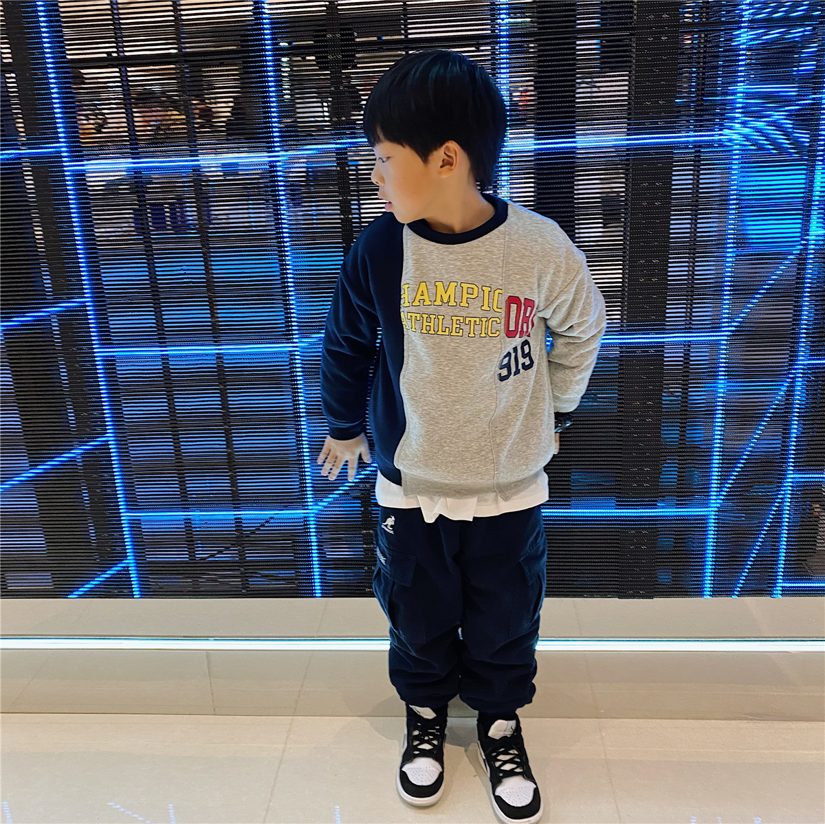 JUSTIN children's winter clothes plus velvet Japanese style stitching thick T-shirt boys fashionable street casual pullover bottoming shirt