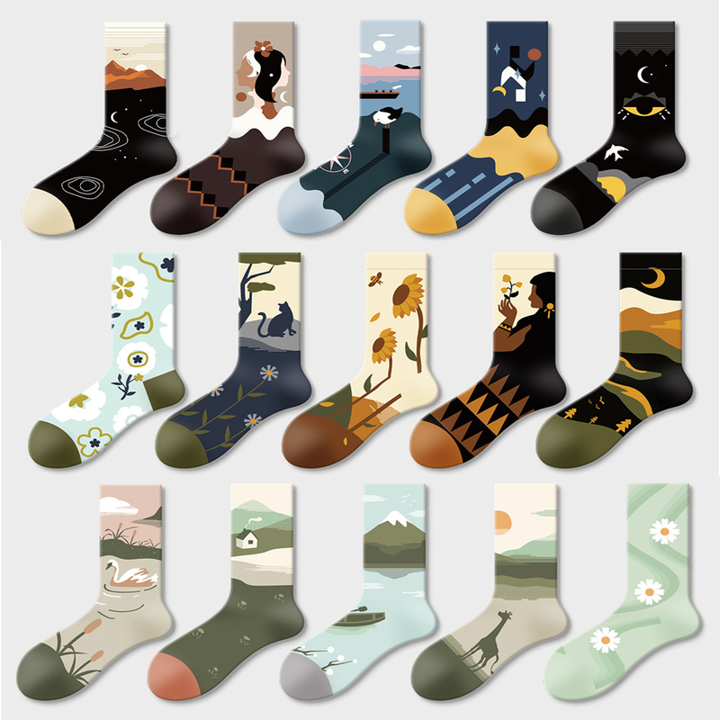 Oil Painting Socks for Men, Autumn and Winter Abstract Art Design Trendy Socks for Women, European and American Retro Versatile Breathable Mid-Tube Trendy Socks