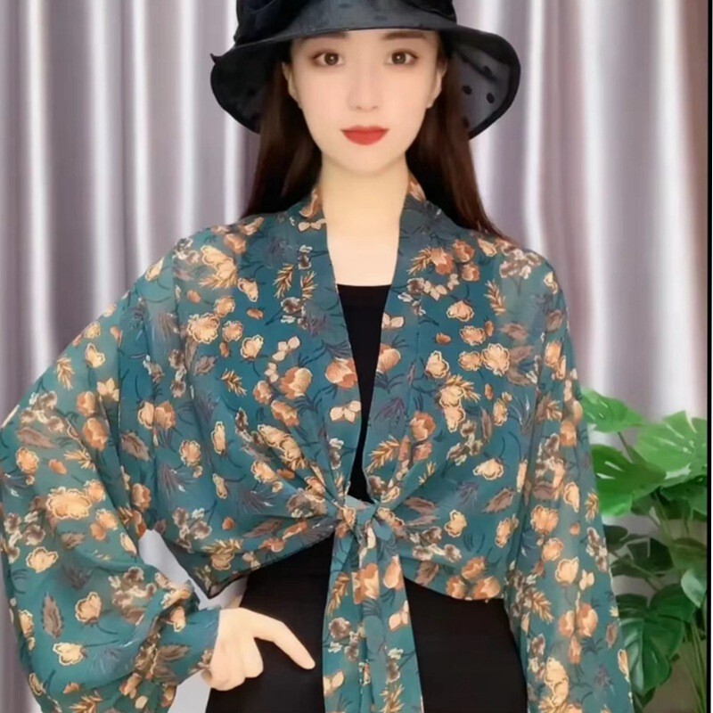 2023 Summer Printed Chiffon Air-Conditioning Cardigan Sun Protection Shawl with Suspender Skirt Long-Sleeved Versatile Top Jacket