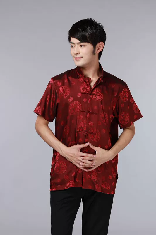 Tang phù hợp với nhà Trung Quốc nam ngắn tay áo sườn xám trung niên kỹ thuật viên khách sạn đồng phục trang phục quốc gia