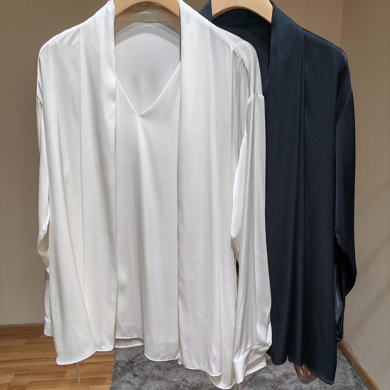 High-End Silk Shirt for Women, Satin Tie Design, Niche Design, High-End Shawl-Style Top, Air-Conditioning Shirt