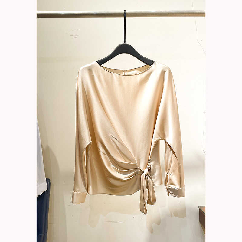 Heavyweight Silk Side Twist Shirt, Goddess-Style Boat Neck Batwing Sleeve Slimming Mulberry Silk Top
